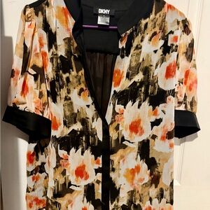 DKNY Women's Abstract Floral Blouse - Black, Orange, and Cream